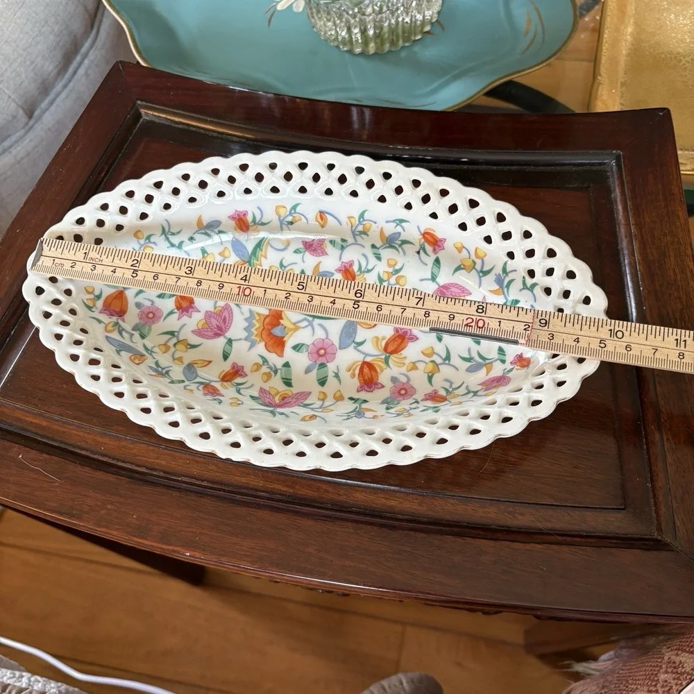 Vintage Retriculated Lace Rim Oval Dish Bright Happy Flowers 10